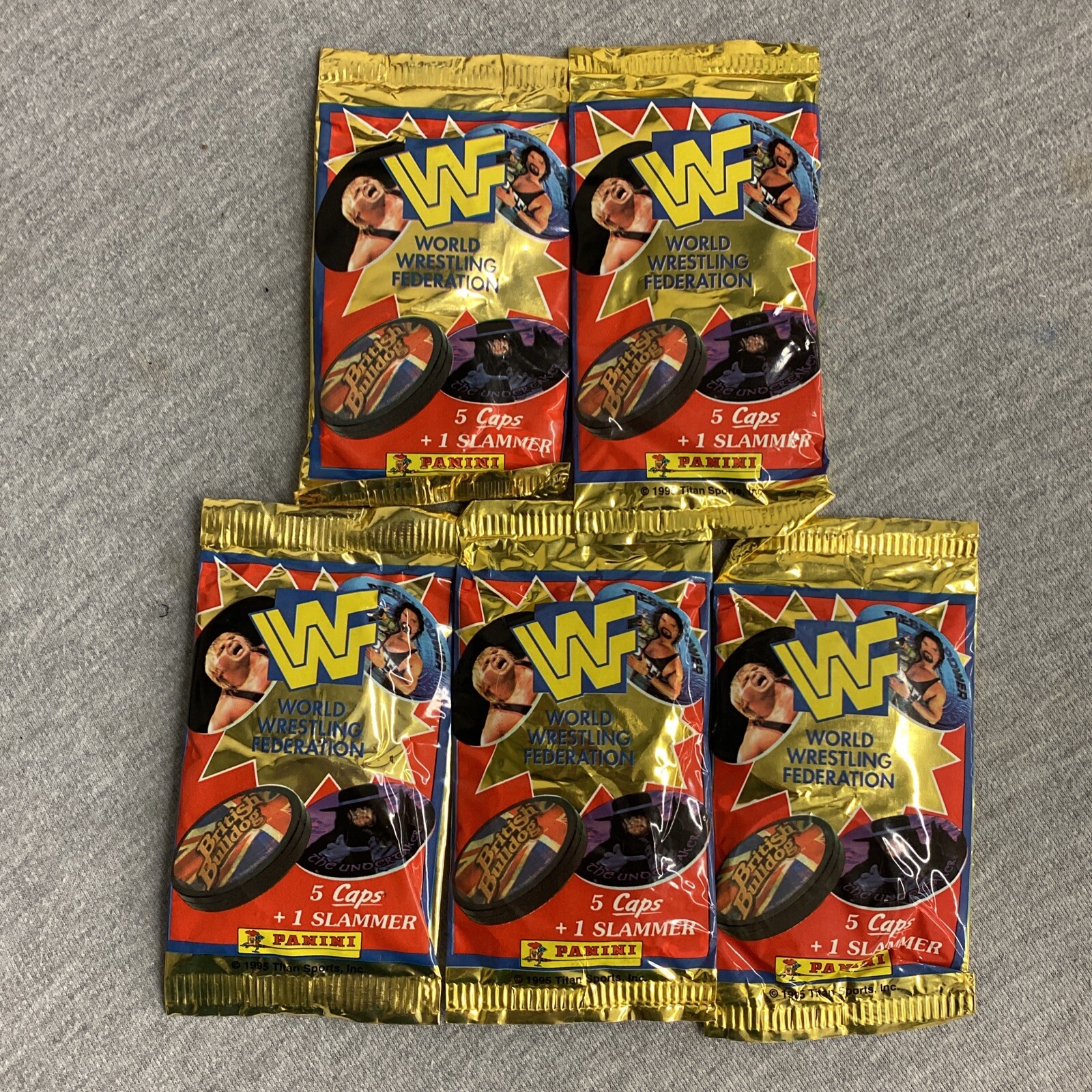 1995 Panini WWF Pogs Caps Booster Pack Lot 5 Caps + 1 Slammer Each Pack (5 QTY)