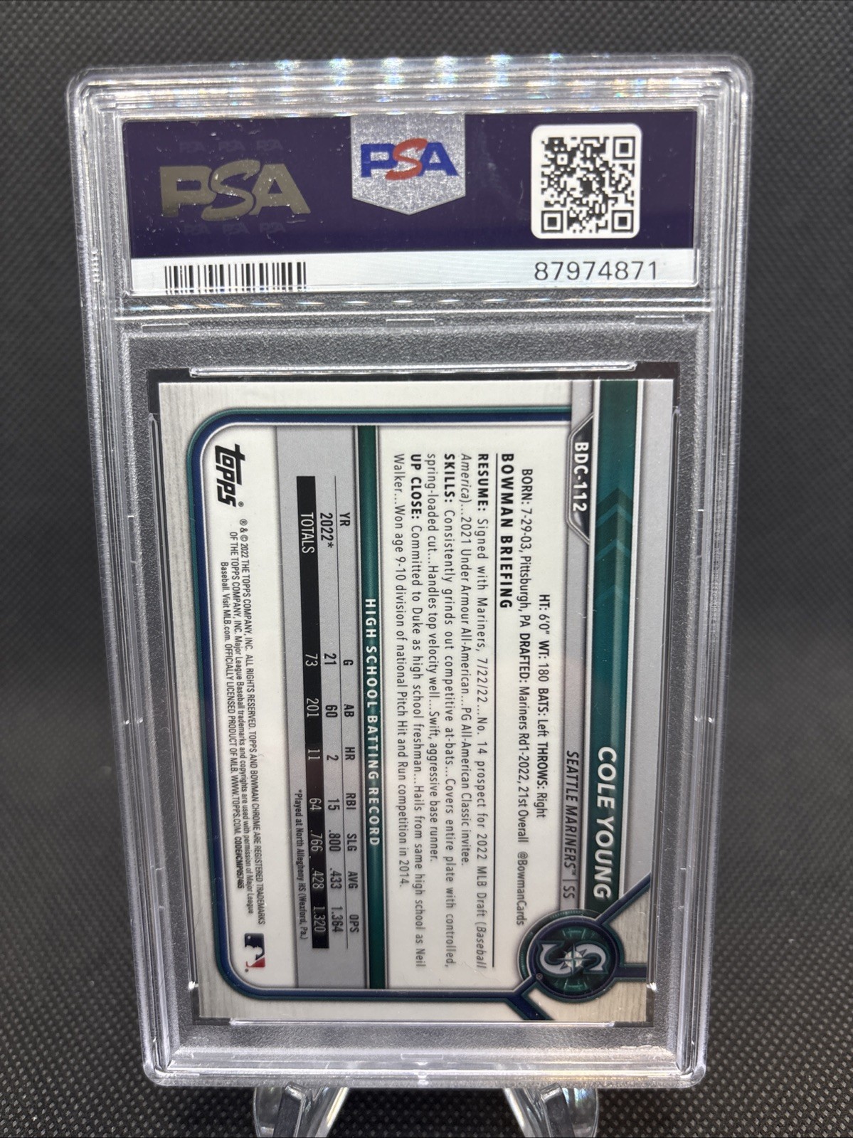 2022 BOWMAN CHROME DRAFT SAPPHIRE EDITION, COLE YOUNG (RC) #BDC112 PSA 10