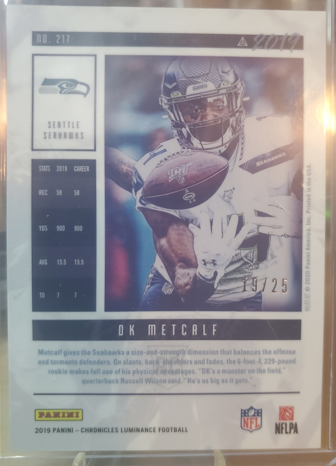 Panini 2019 Chronicles Luminance Update Rookies DK Metcalf #217 /25 RC