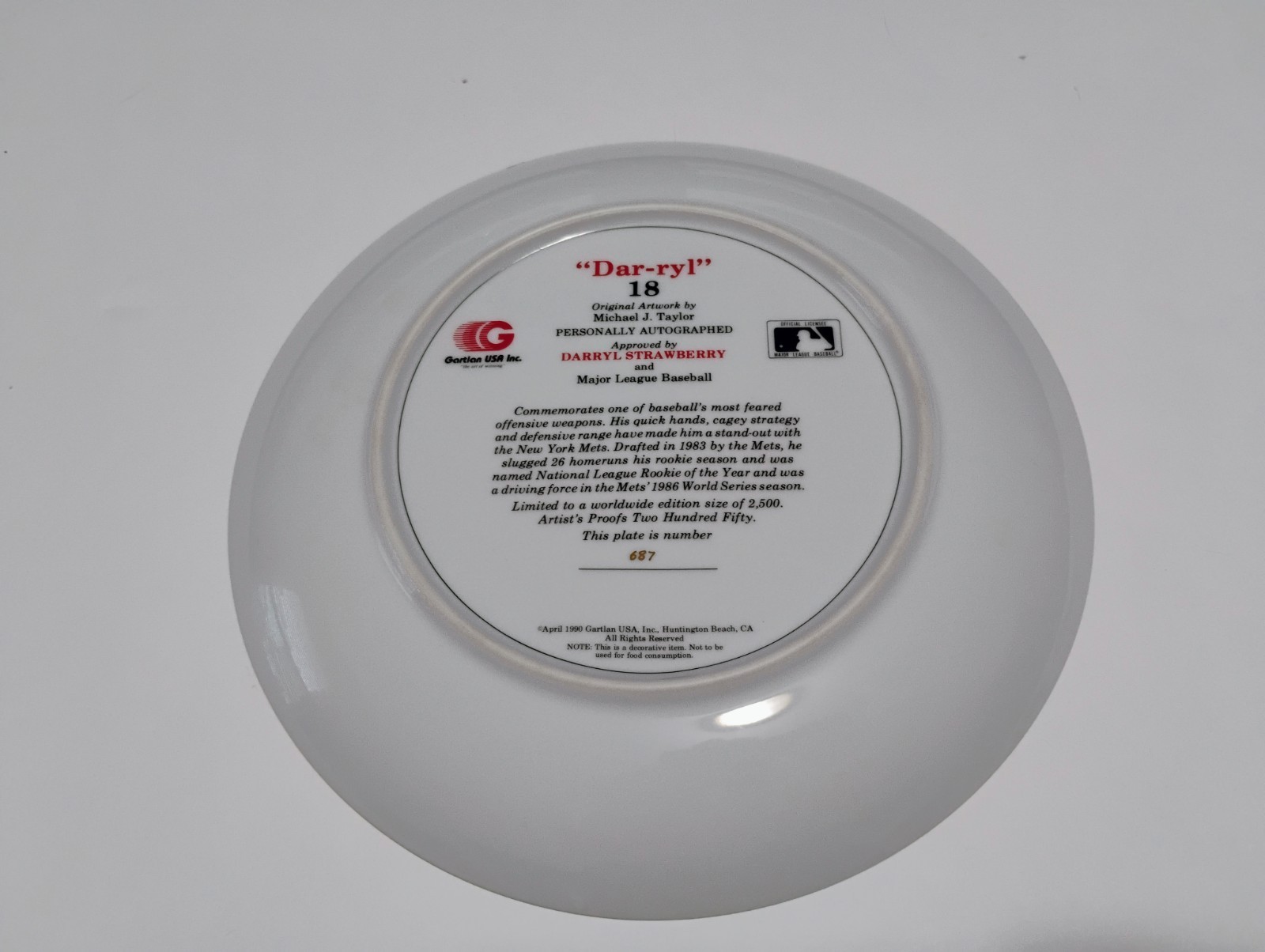 Darryl Strawberry signed Gartlan plate /2500 auto autograph New York Mets