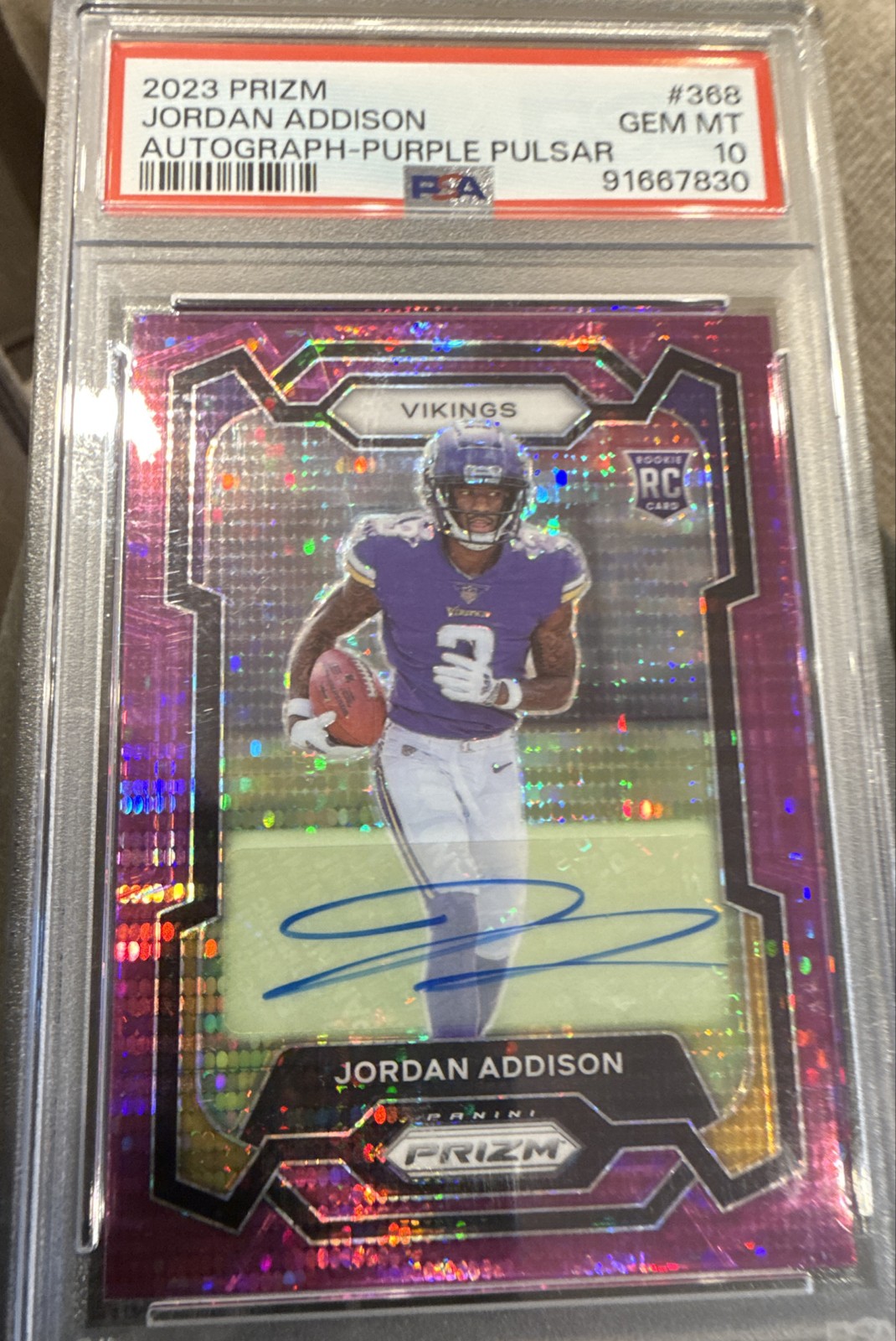 2023 Panini Prizm – Rookies Jordan Addison #368 Purple Pulsar Prizm…