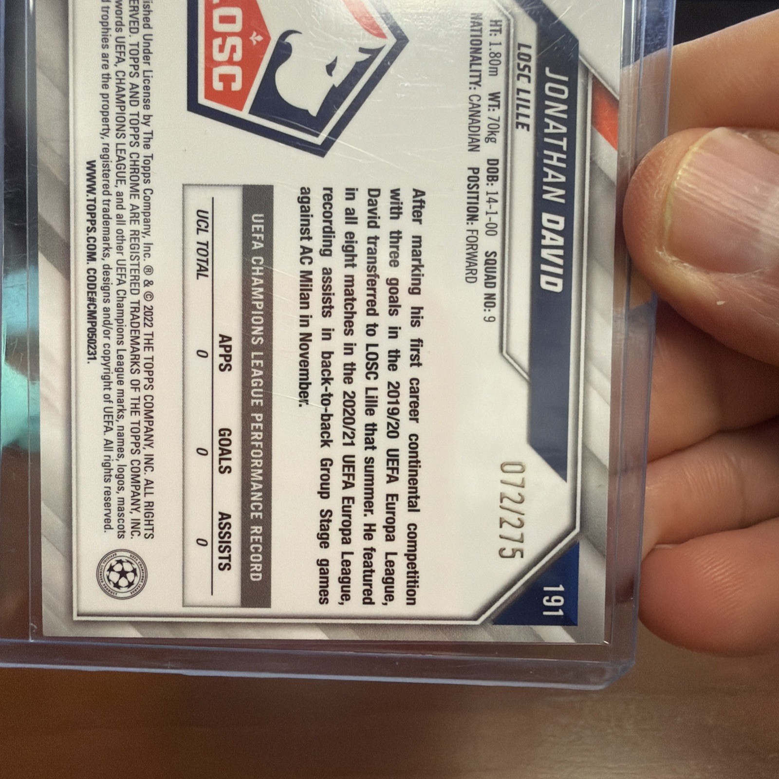 2021-22 Topps Chrome UEFA UCL Jonathan David Purple RC /175 LOSC Lille / Canada
