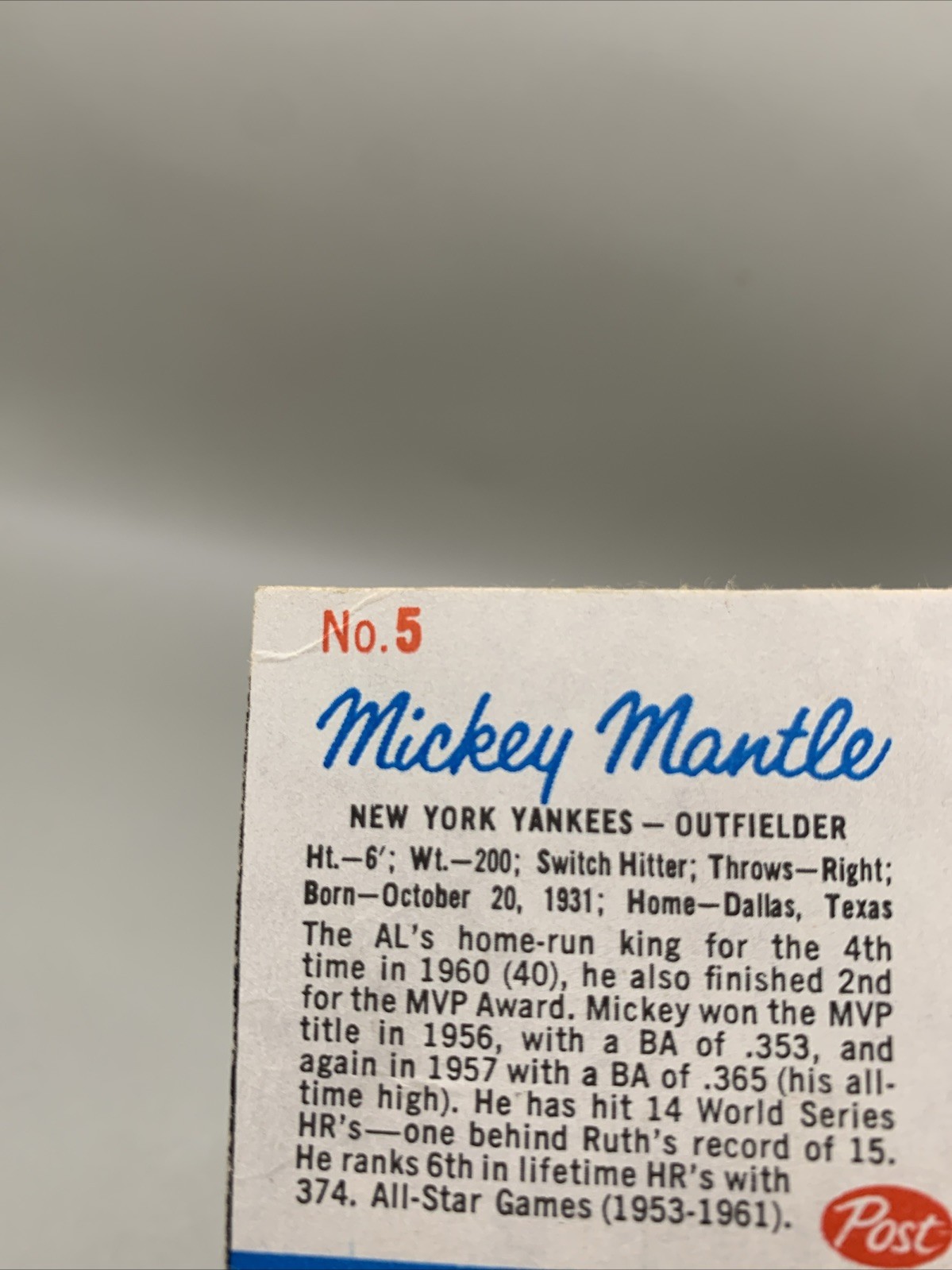 1962 Post Cereal (hand Cut) #5 Mickey Mantle New York Yankees Small Crease