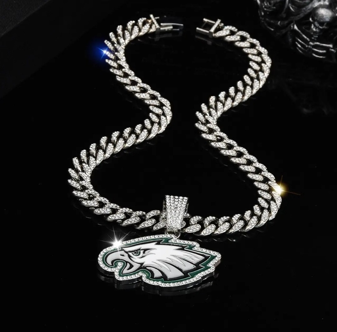 PHILADELPHIA EAGLES GEM NECKLACE Silver Bling Football Pendant / 24″ Cuban Chain