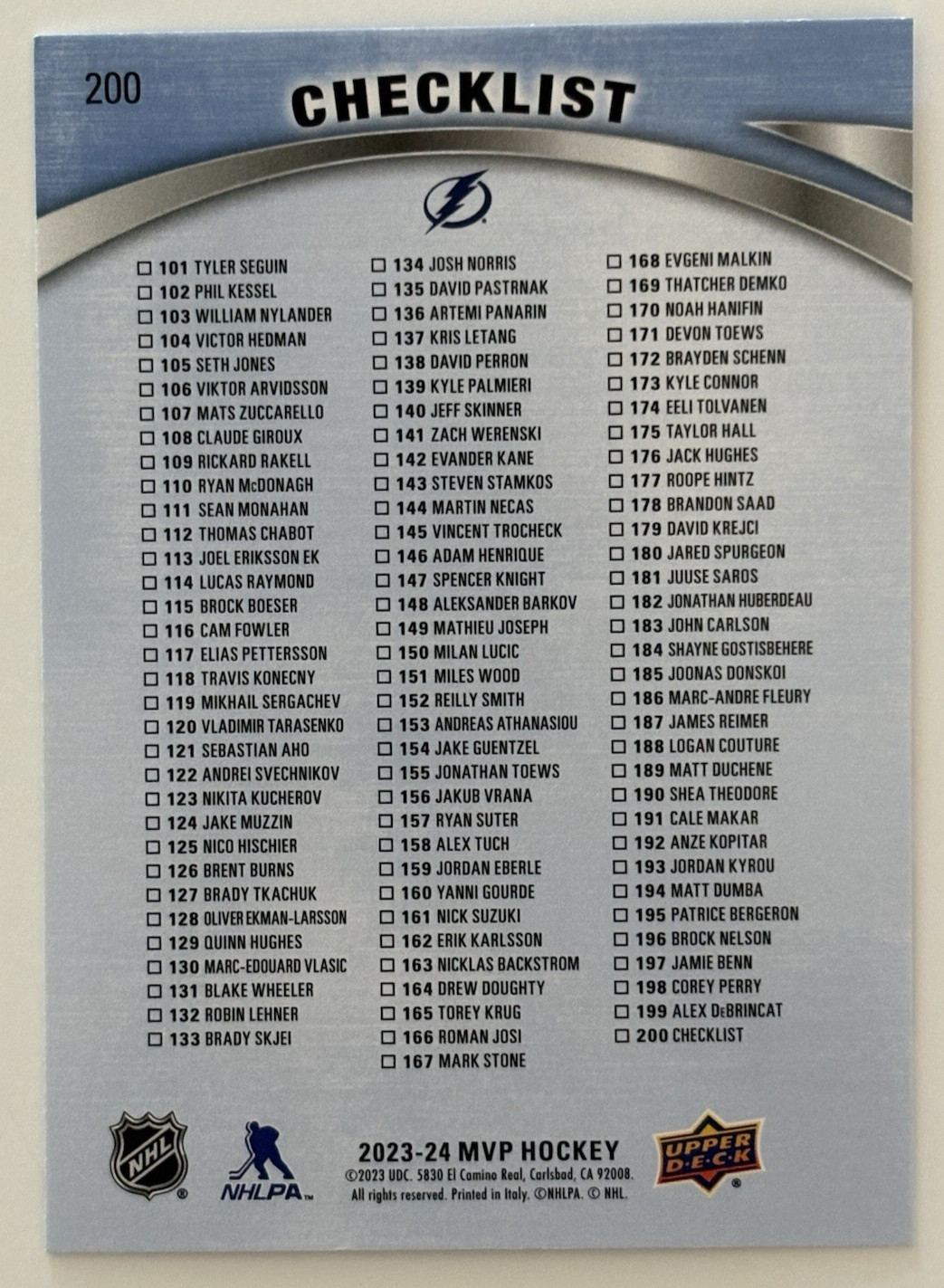 Brayden Point 2023-24 Upper Deck MVP Hockey Checklist Lightning #200