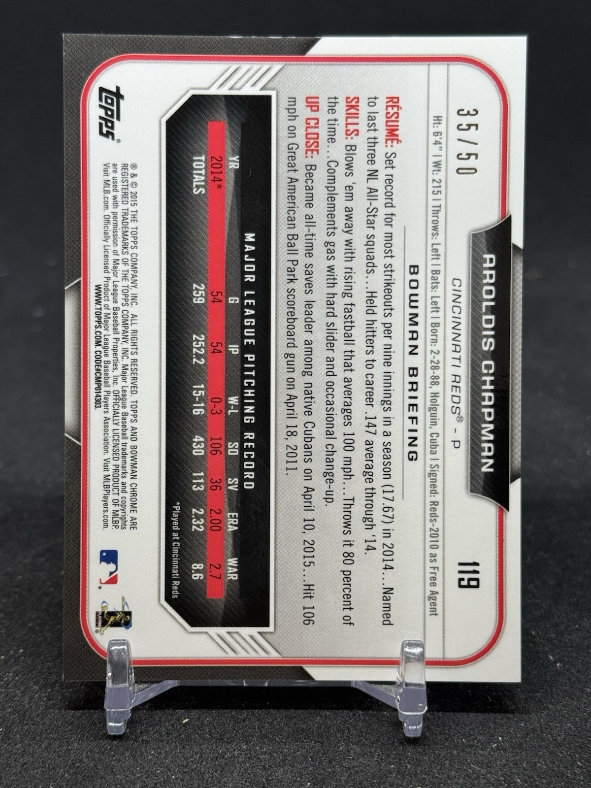 2015 Bowman Chrome Gold Refractor /50 Aroldis Chapman #119