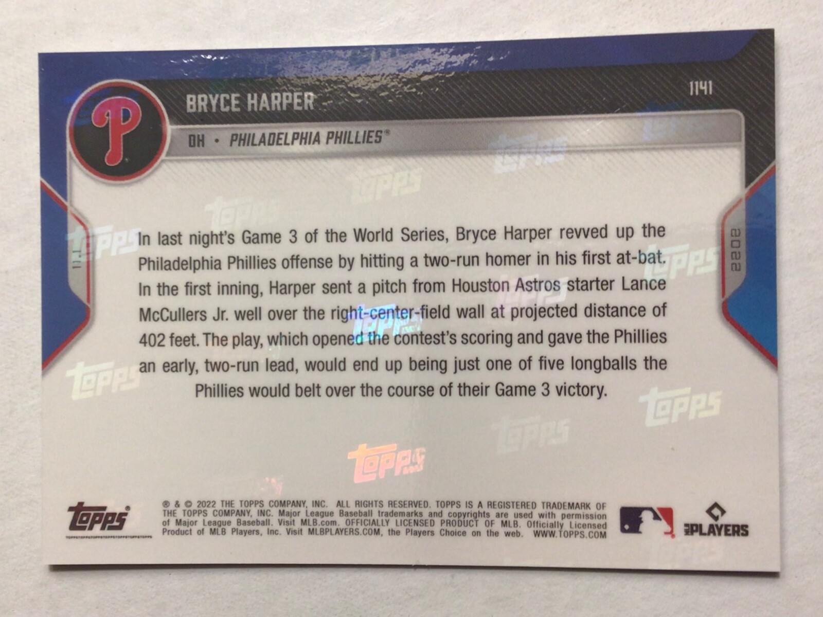 2022 TOPPS NOW #1141 BRYCE HARPER WORLD SERIES 2 RUN HR IN 1ST INNING PHILLIES