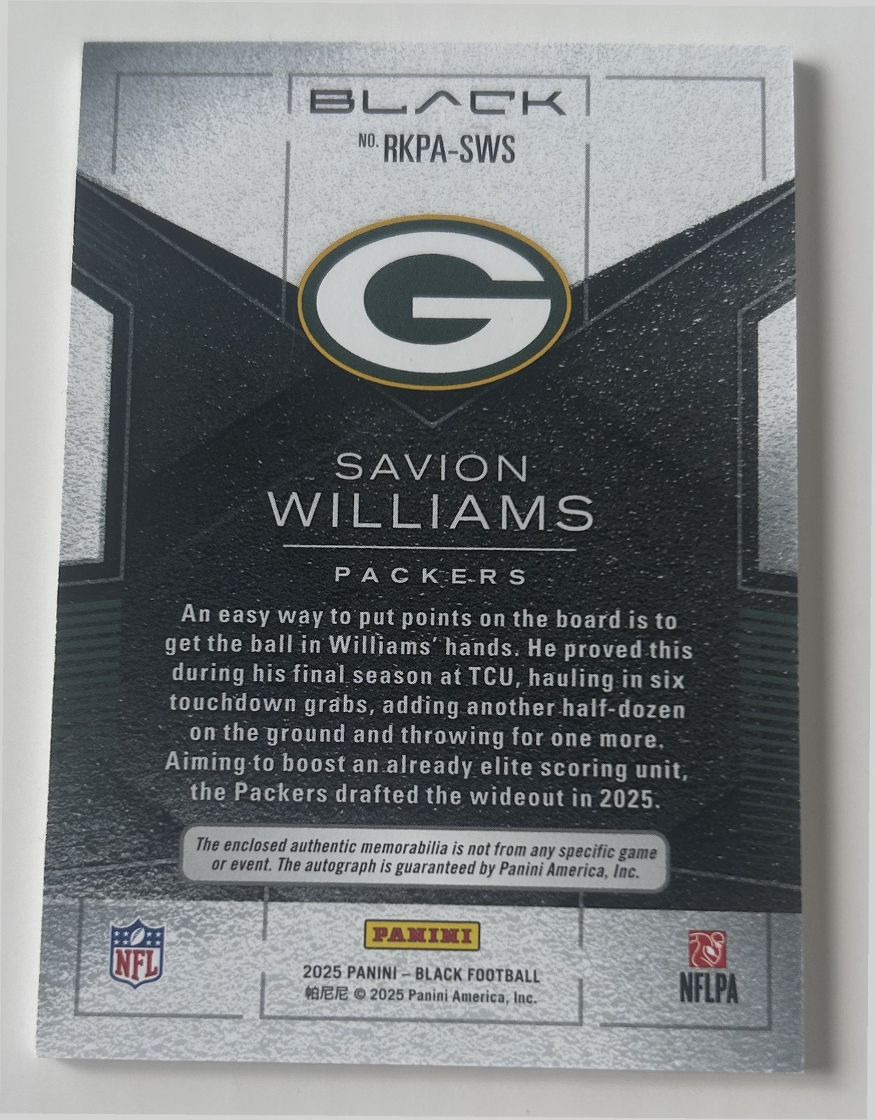 2025 Panini Black Savion Williams Patch Auto RC #/249 – Green Bay Packers
