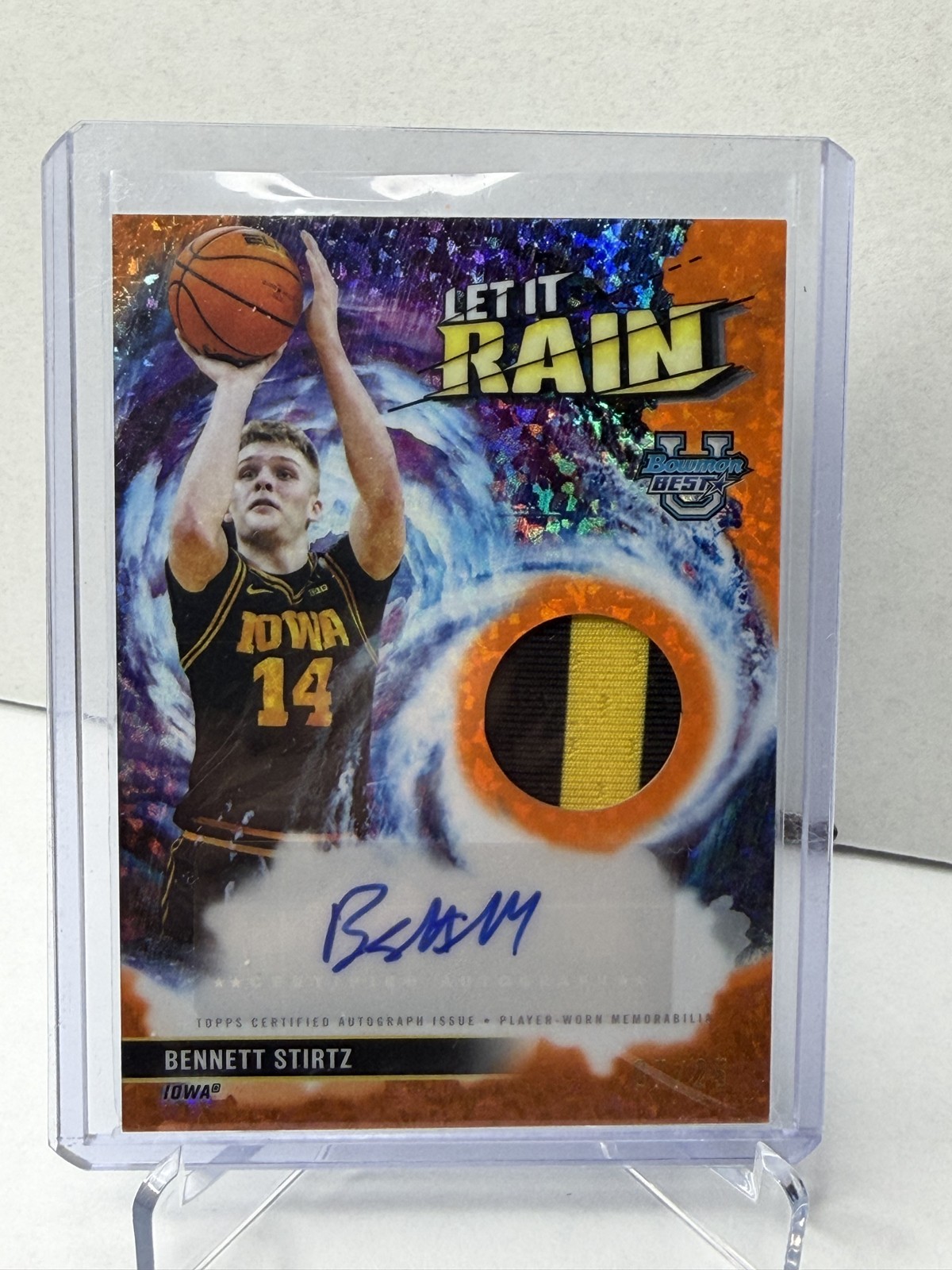 2025-26 Bowman U Best Bennett Stirtz Let it Rain Orange MD Patch Auto /25 SSP