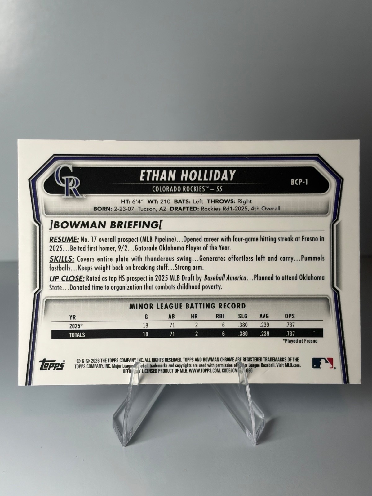 2026 Bowman Ethan Holliday Mojo Refractor #BCP-1 Colorado Rockies