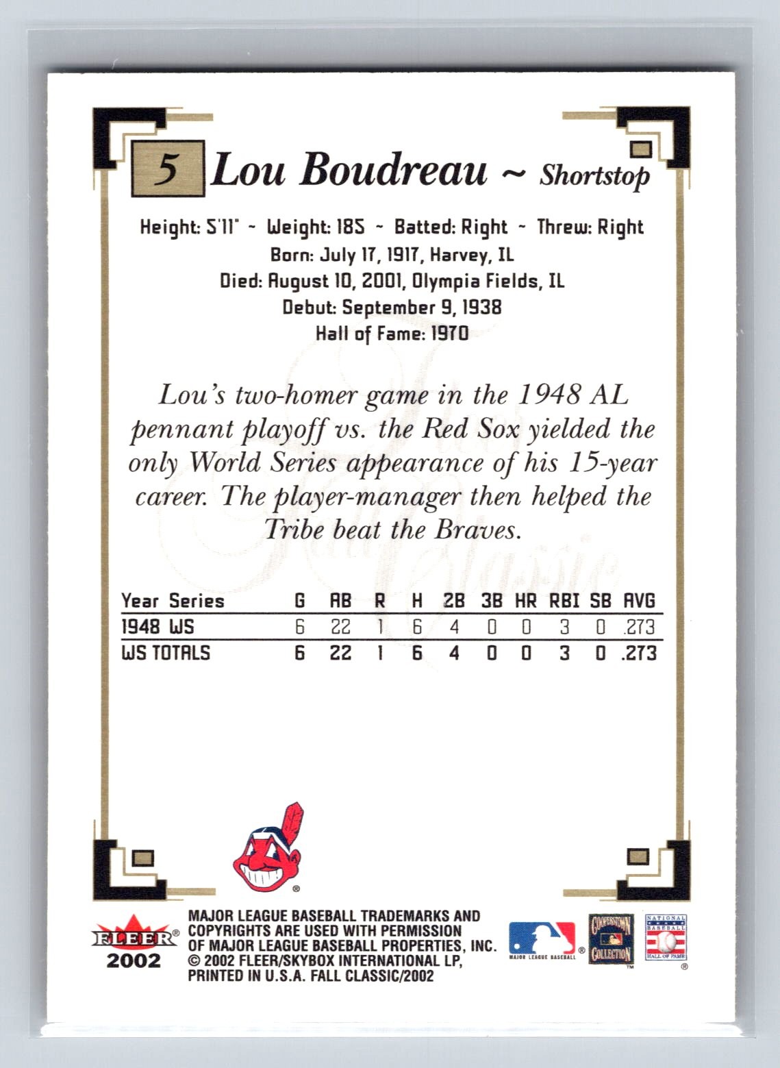 Lou Boudreau 2002 Fleer Fall Classic #5 Cleveland Indians 4-9
