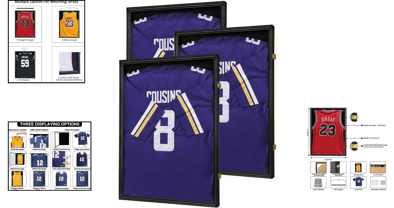 Jersey Display Case 3 Pack Large Shadow Box Lockable UV Protection Black Frame