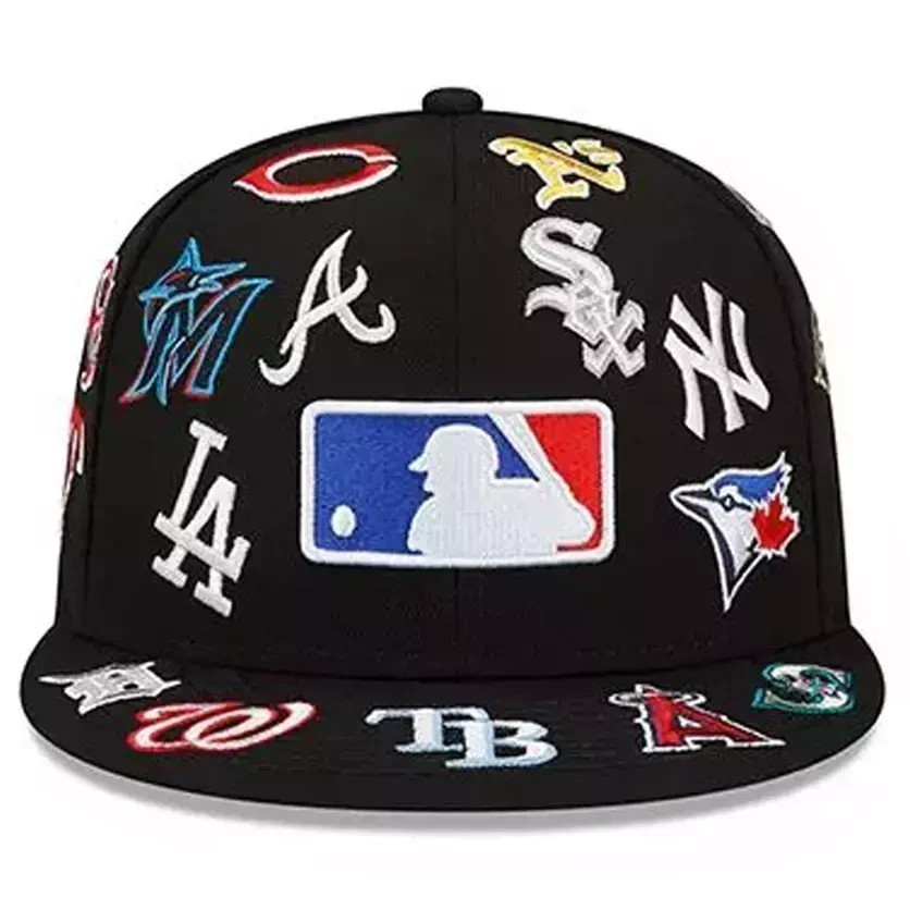 “BOXED” MLB Teams Patch Logos All-Over Black/White 59FlFTY Fitted Cap-5950 Hat