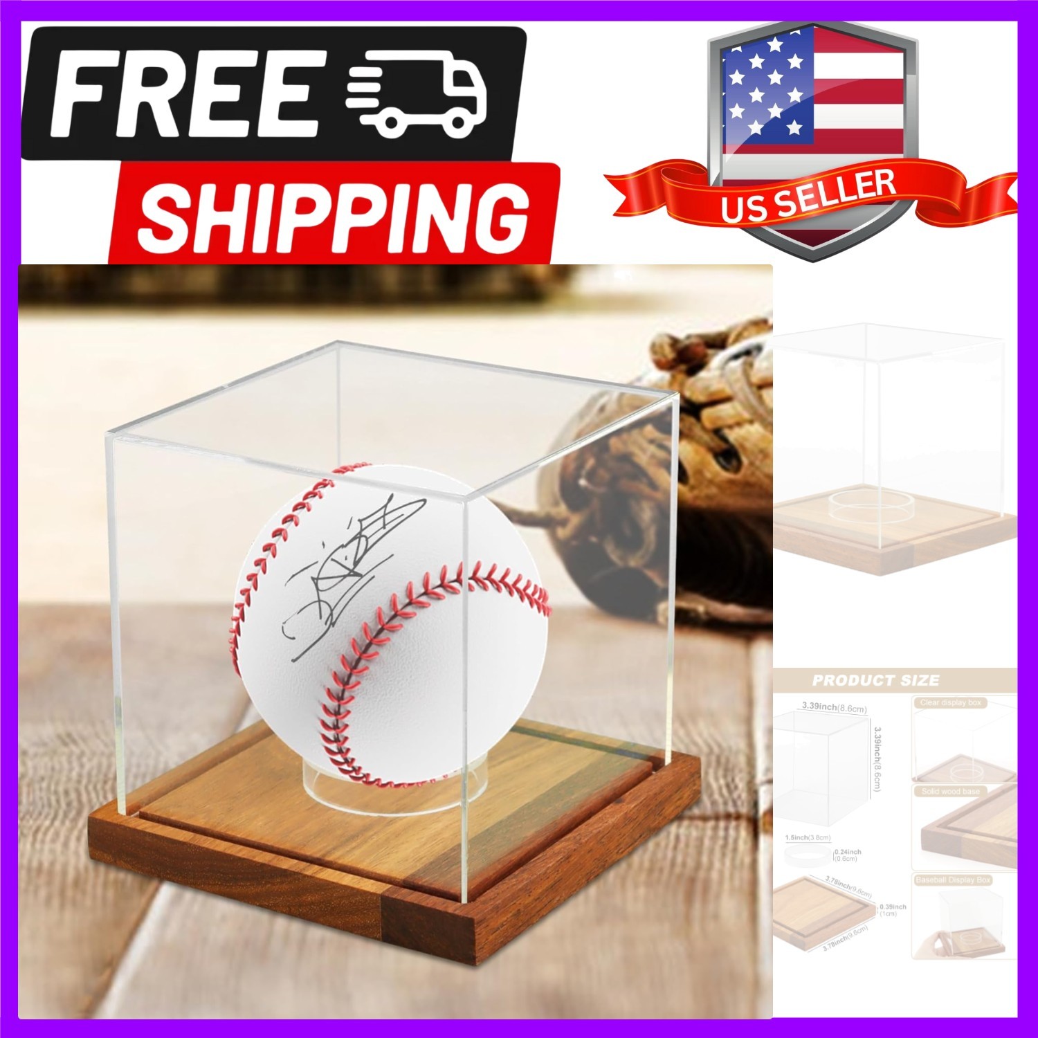 Baseball Display Cube – Clear Acrylic Baseball Holder Case with Wooden Base, …