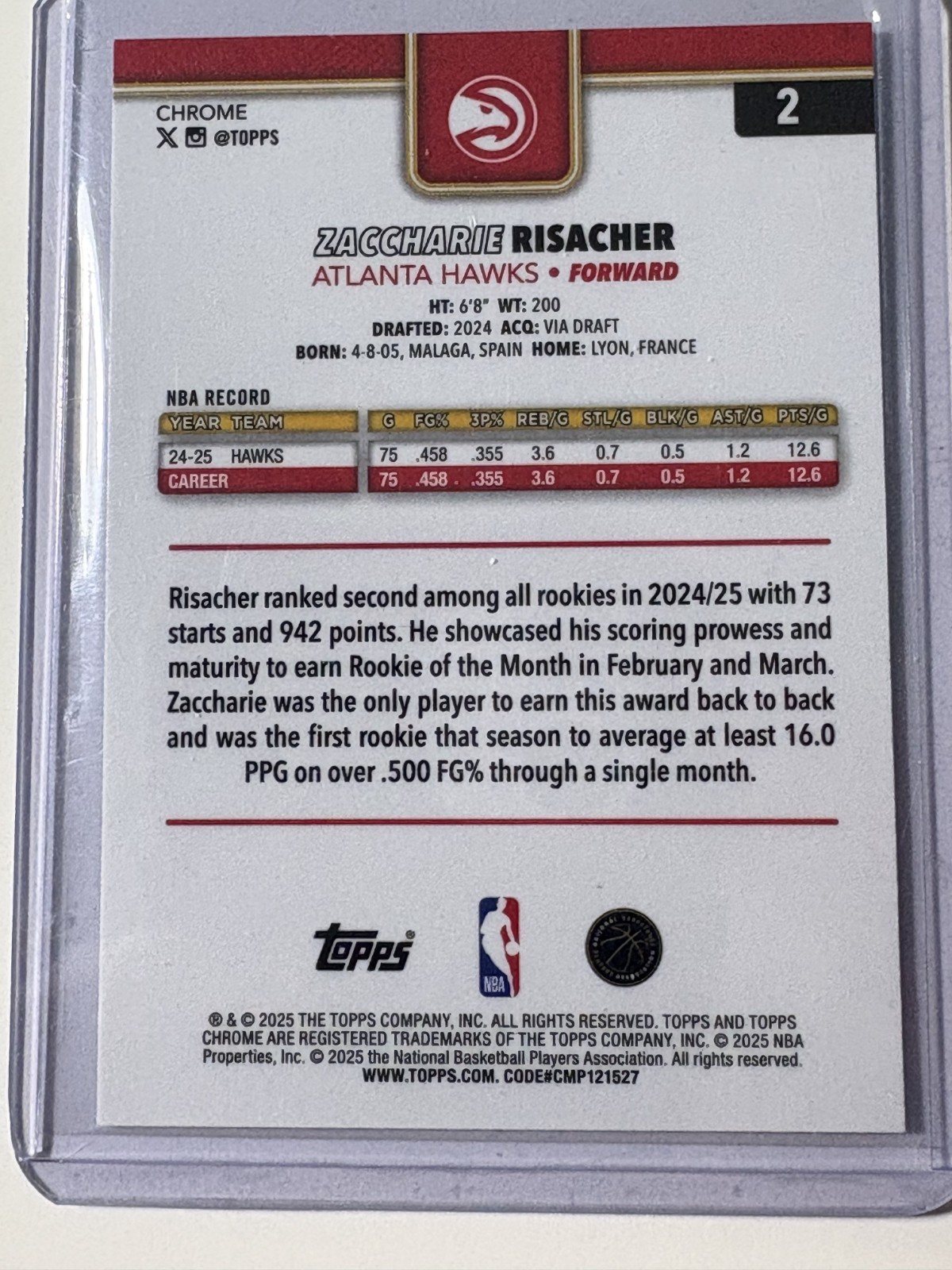 Zaccharie Risacher 2025-26 Topps Chrome Aqua Refractors #2 ATL 123/199