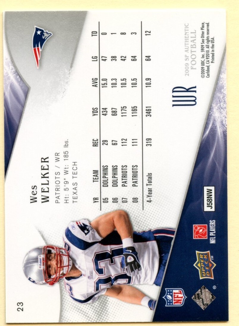 2009 SP Authentic Wes Welker football card #23 New England Patriots