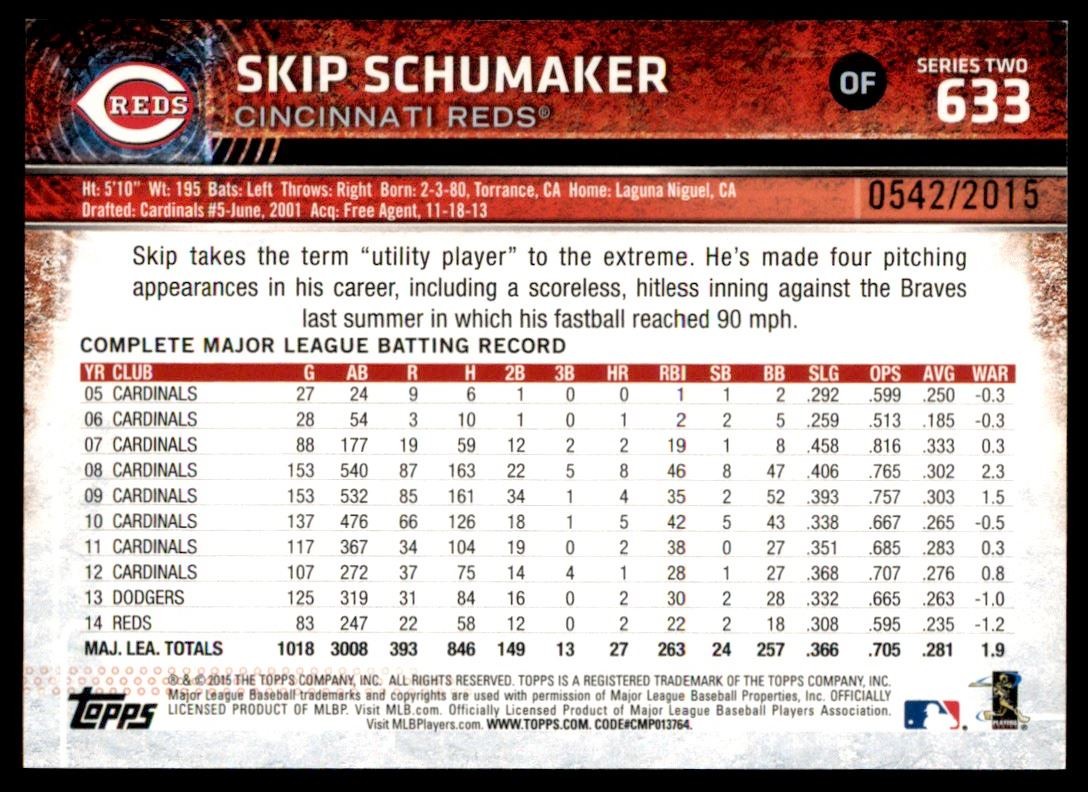 2015 Topps Gold Parallel #633 Skip Schumaker 0542/2015 Cincinnati Reds