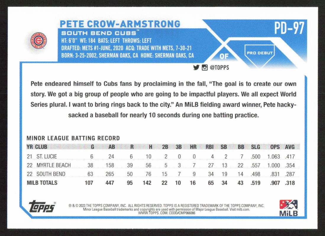 2023 Topps Pro Debut Pete Crow-Armstrong #PD-97 South Bend Cubs
