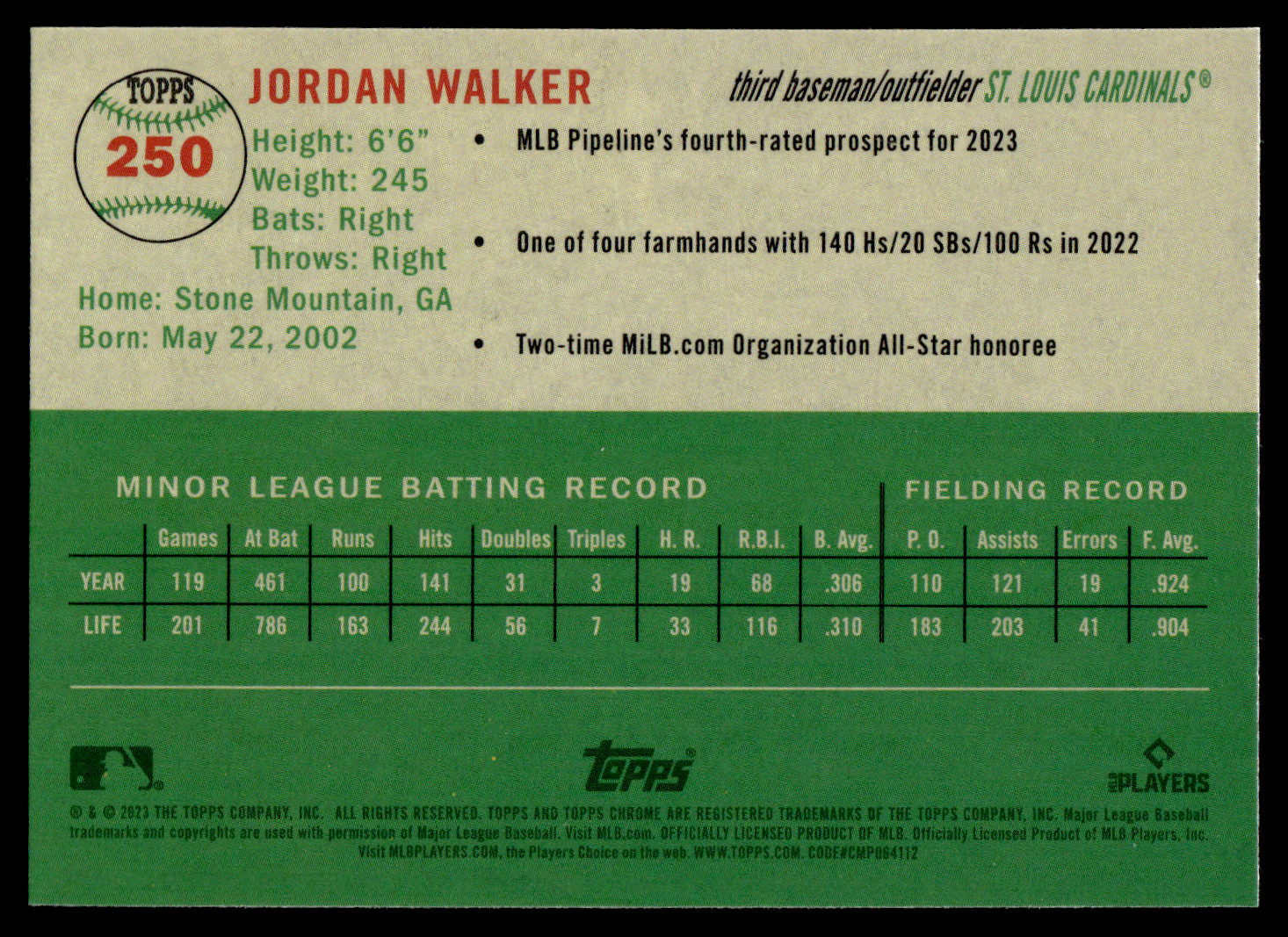 2023 Topps Chrome Platinum Jordan Walker RC #250 St. Louis Cardinals