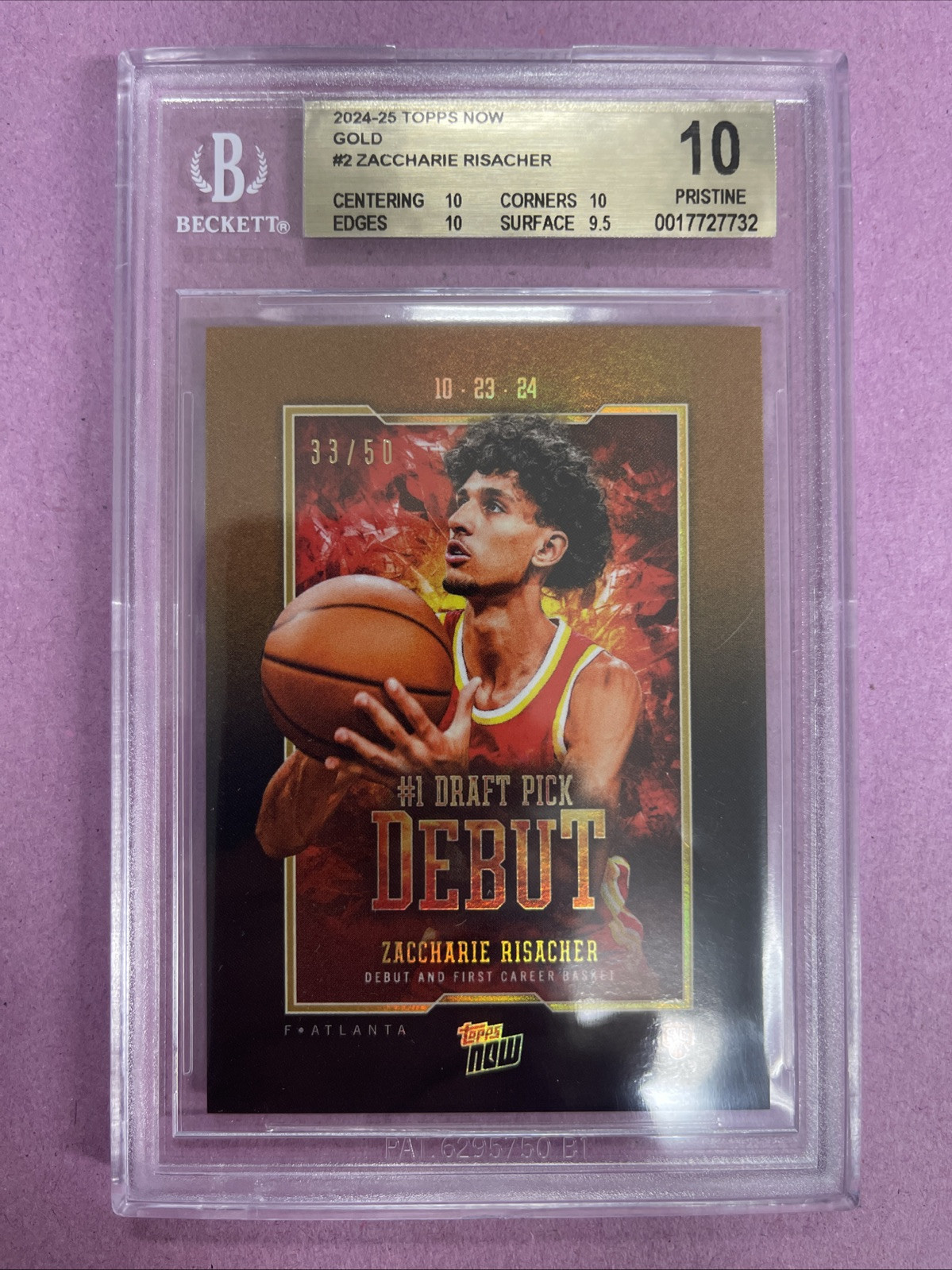 2024-25 Topps Now Zaccharie Risacher #2 RC Rookie-DEBUT GOLD /50 BGS 10 POP1 SD2