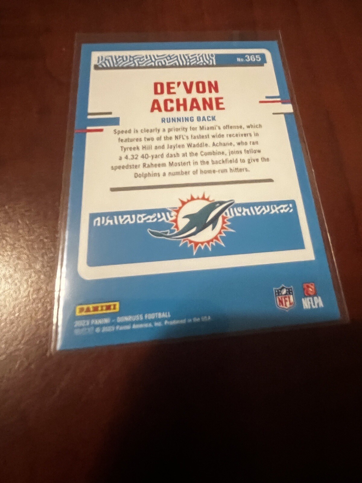 DeVon Achane 2023 Donruss Football Blue Press Proof Rated Rookie #365 Dolphins
