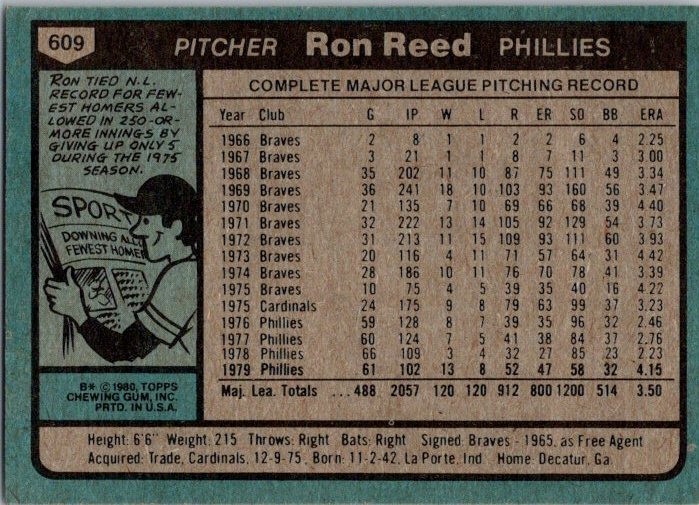 Ron Reed – 1980 Topps – # 609 – Phillies