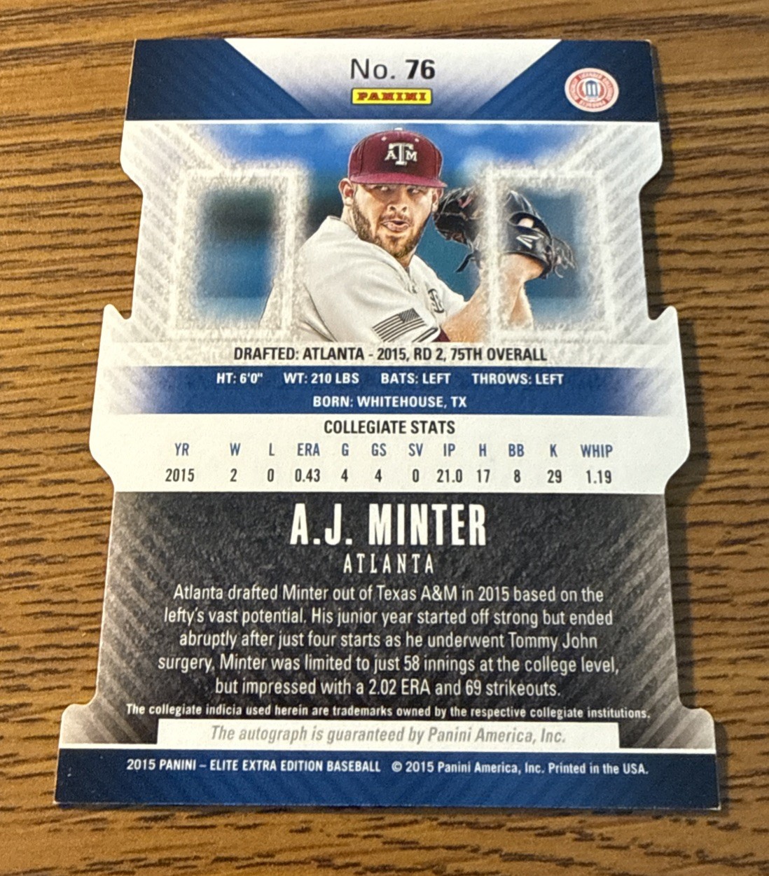 A.J. Minter 2015 Panini Elite Extra Edition ROOKIE #76 AUTO Braves DIE CUT /100