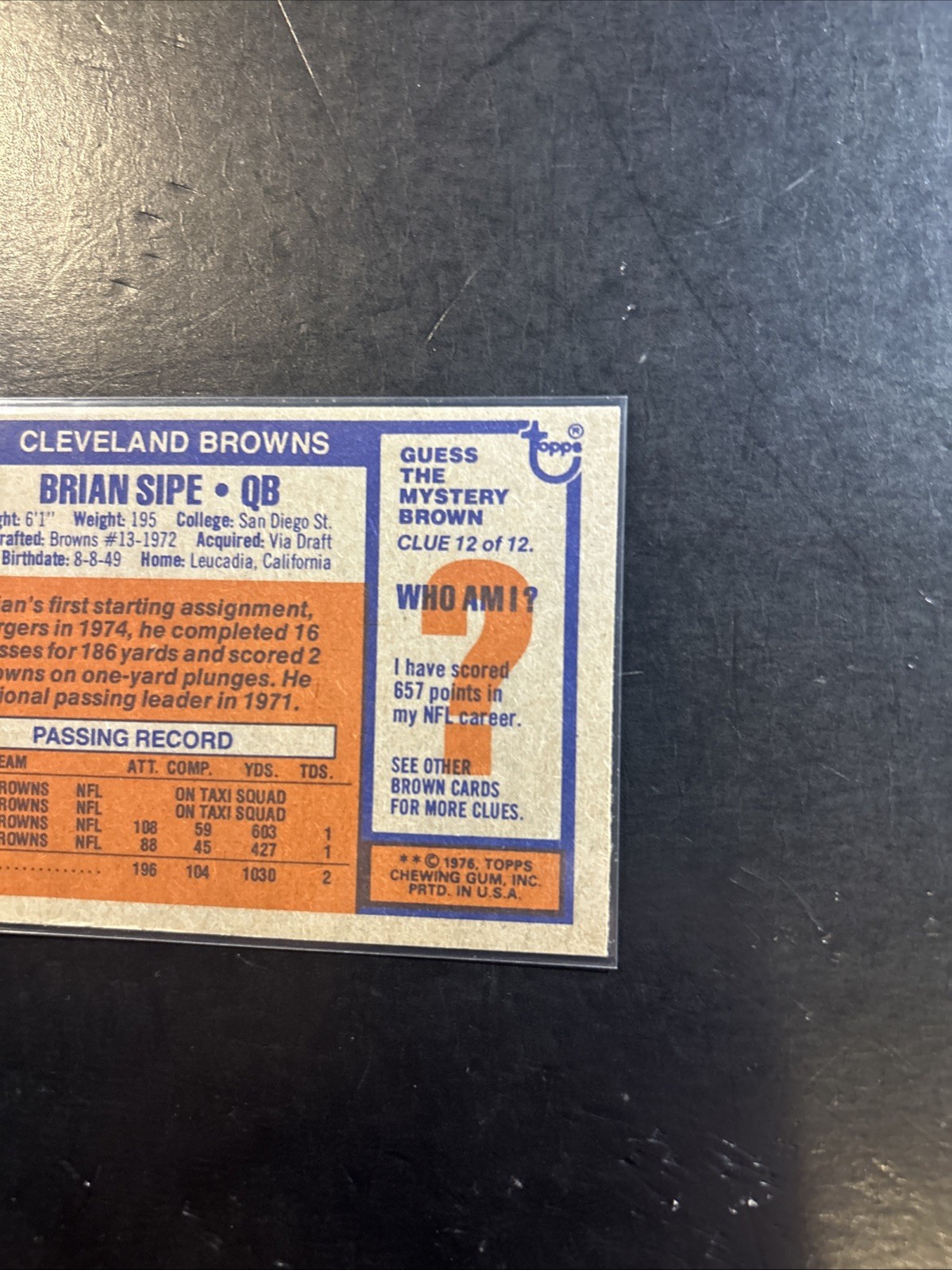 1976 Topps – Brian Sipe #516 (RC) Cleveland Browns ( Has A Crease)