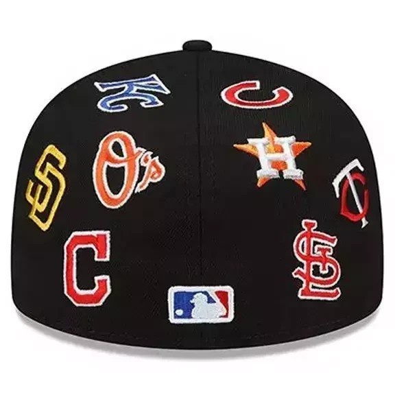 “BOXED” MLB Teams Patch Logos All-Over Black/White 59FlFTY Fitted Cap-5950 Hat