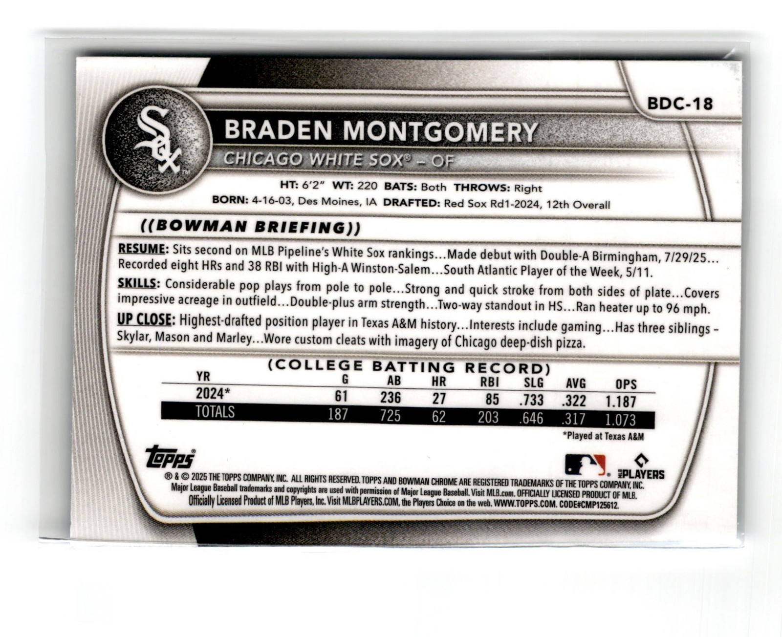 Braden Montgomery 2025 Bowman Draft Chrome Sky Blue Refractor #BDC-18 White Sox