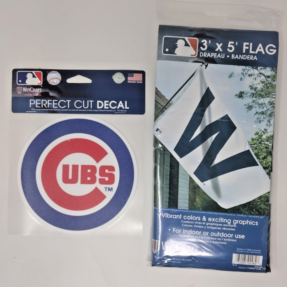 Chicago Cubs Fan Lot Wincraft 3’ X 5’ White W Flag and Logo Decal Baseball MLB