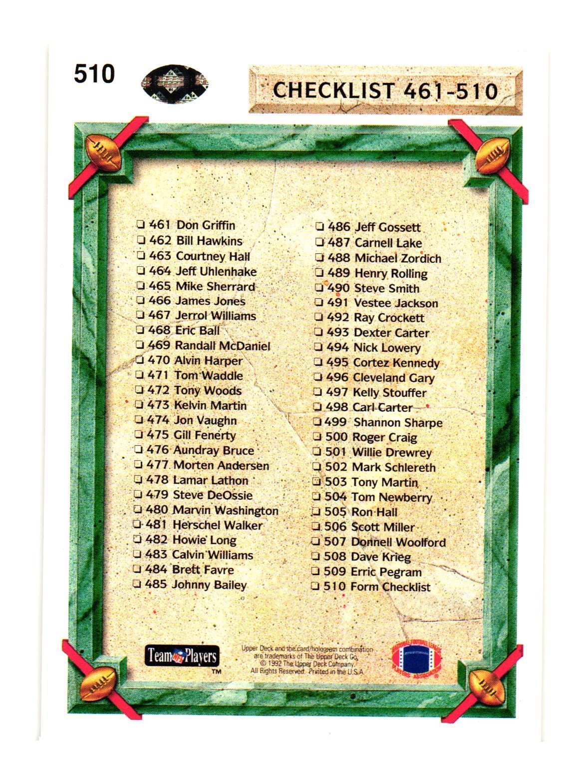 1992 Upper Deck #510 Checklist: 401-510 CL Checklist