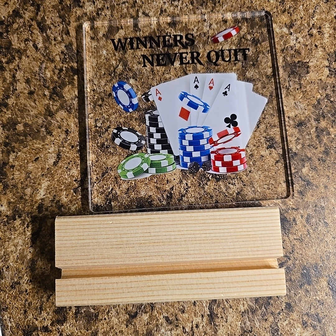 Winners Never Quit Poker Trophy With wooden Stand Winner Acrylic Clear Minicards