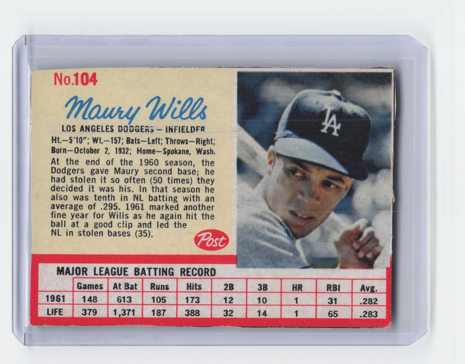 1962 Post Cereal #104 Maury Wills