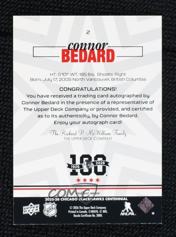 2025 Upper Deck Chicago Blackhawks Centennial Red Hot Connor Bedard #2 Auto 1cs1