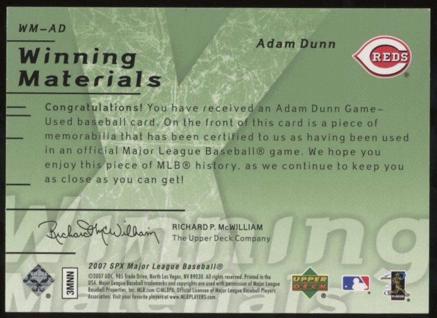 2007 SPX WINNING MATERIALS 175 Emerald Green ADAM DUNN # /175