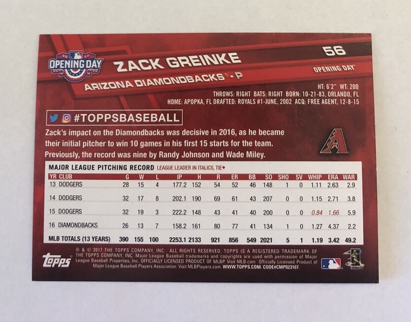 Zack Greinke 2017 Topps Opening Day #56 Arizona Diamondbacks
