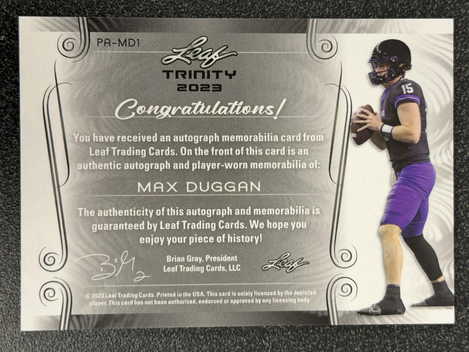 2023 Leaf Trinity #PA-MD1 Max Duggan Patch Autographs Gold #/50