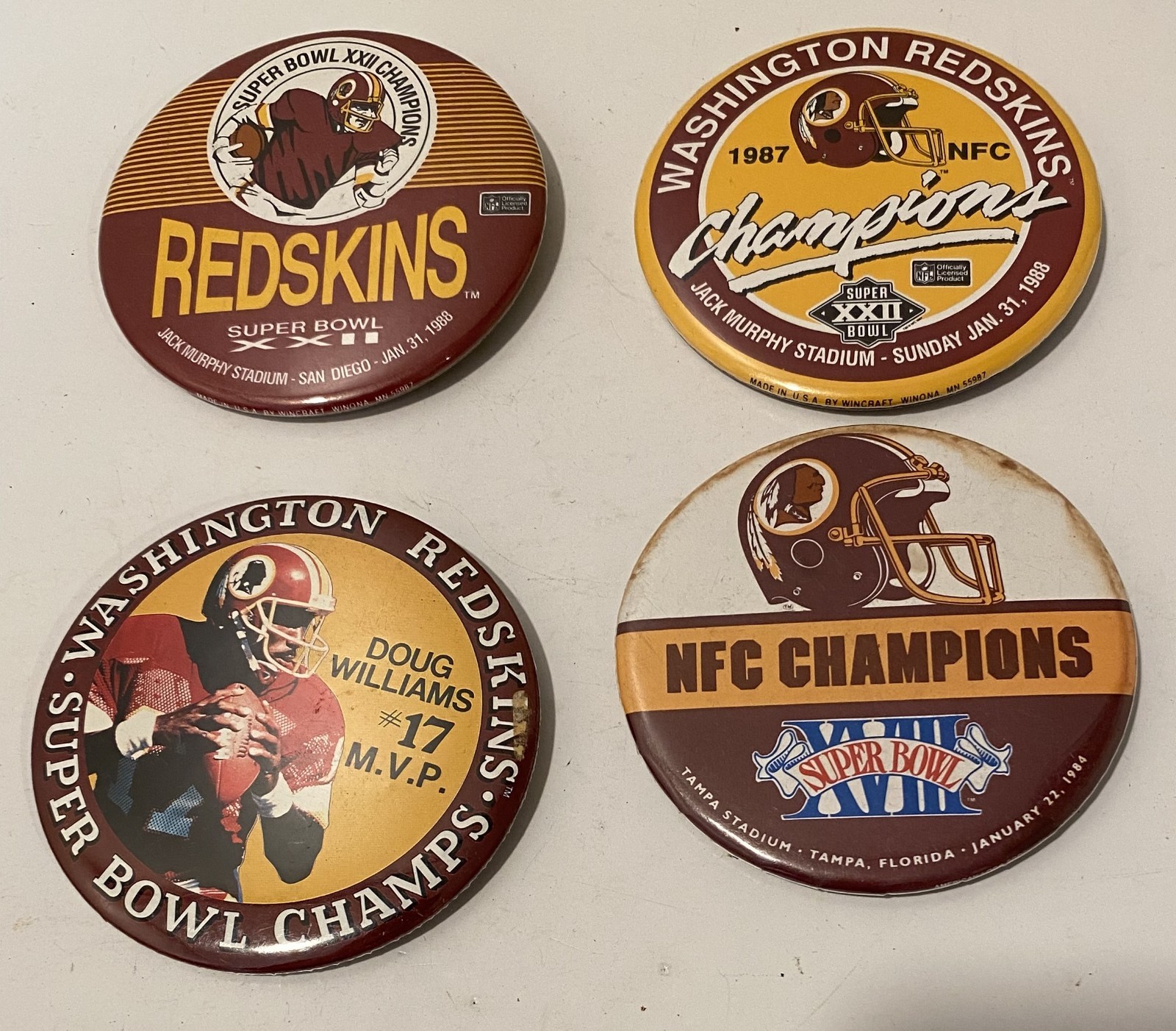 Washington Redskins Super Bowl and Doug Williams MVP Pin Lot of 4 – 3 1/2 in