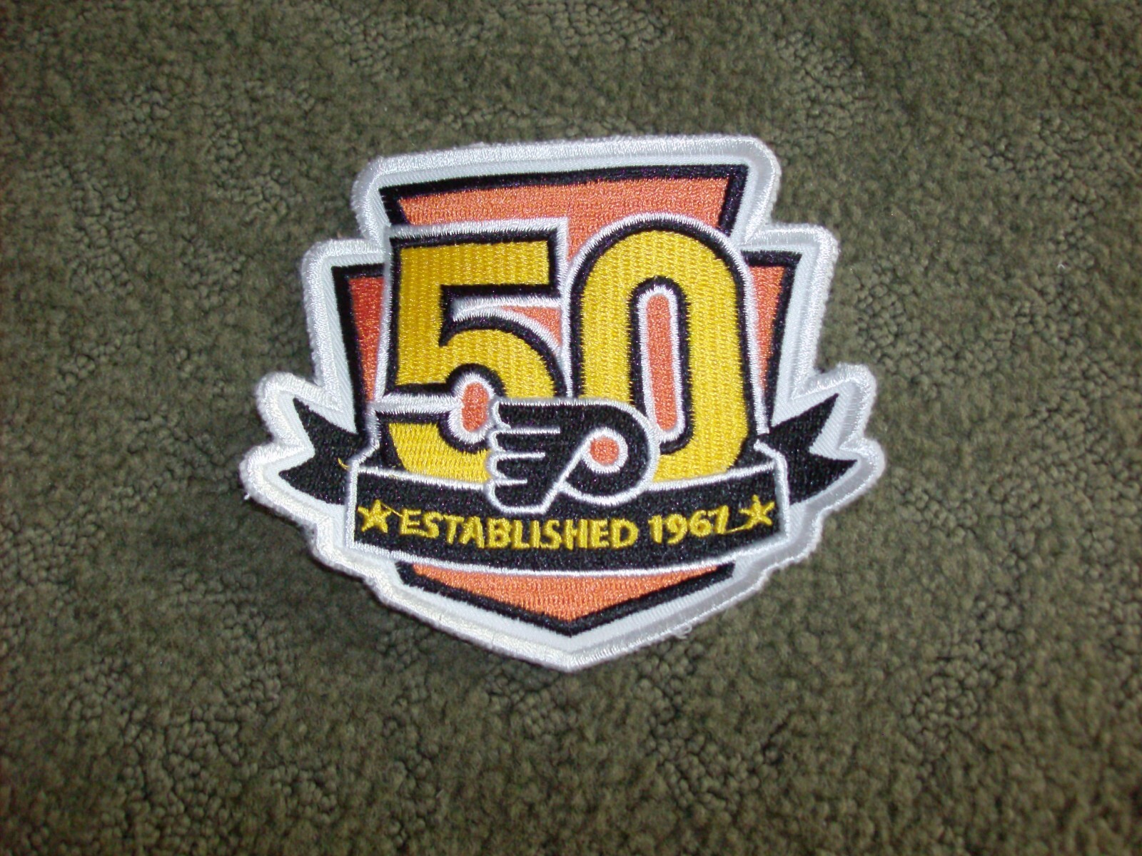 Free Ship, Phila Flyers 50th Anniversary patch, authentic NHL, 4 inches by 3.5