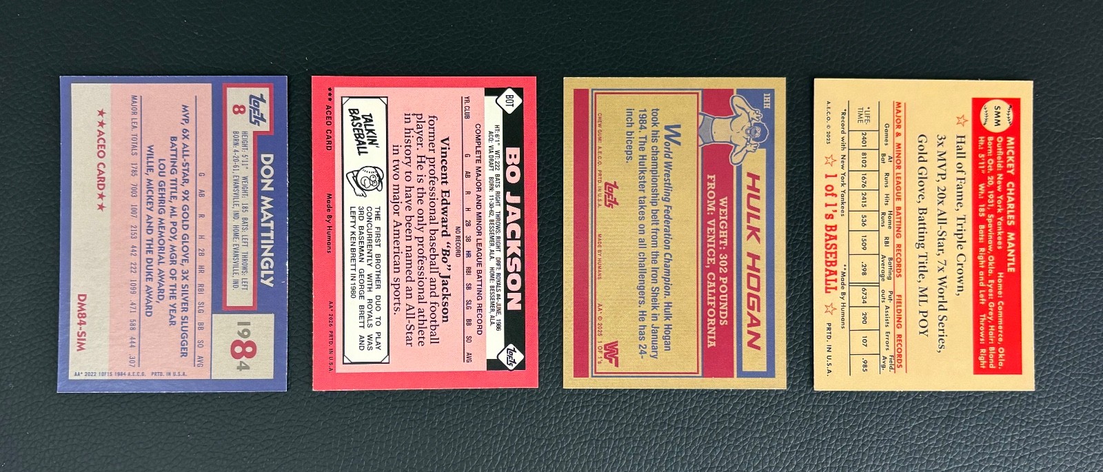 Don Mattingly, Bo Jackson, Hulk Hogan, Mickey Mantle Rookie Dream art 4-Card lot