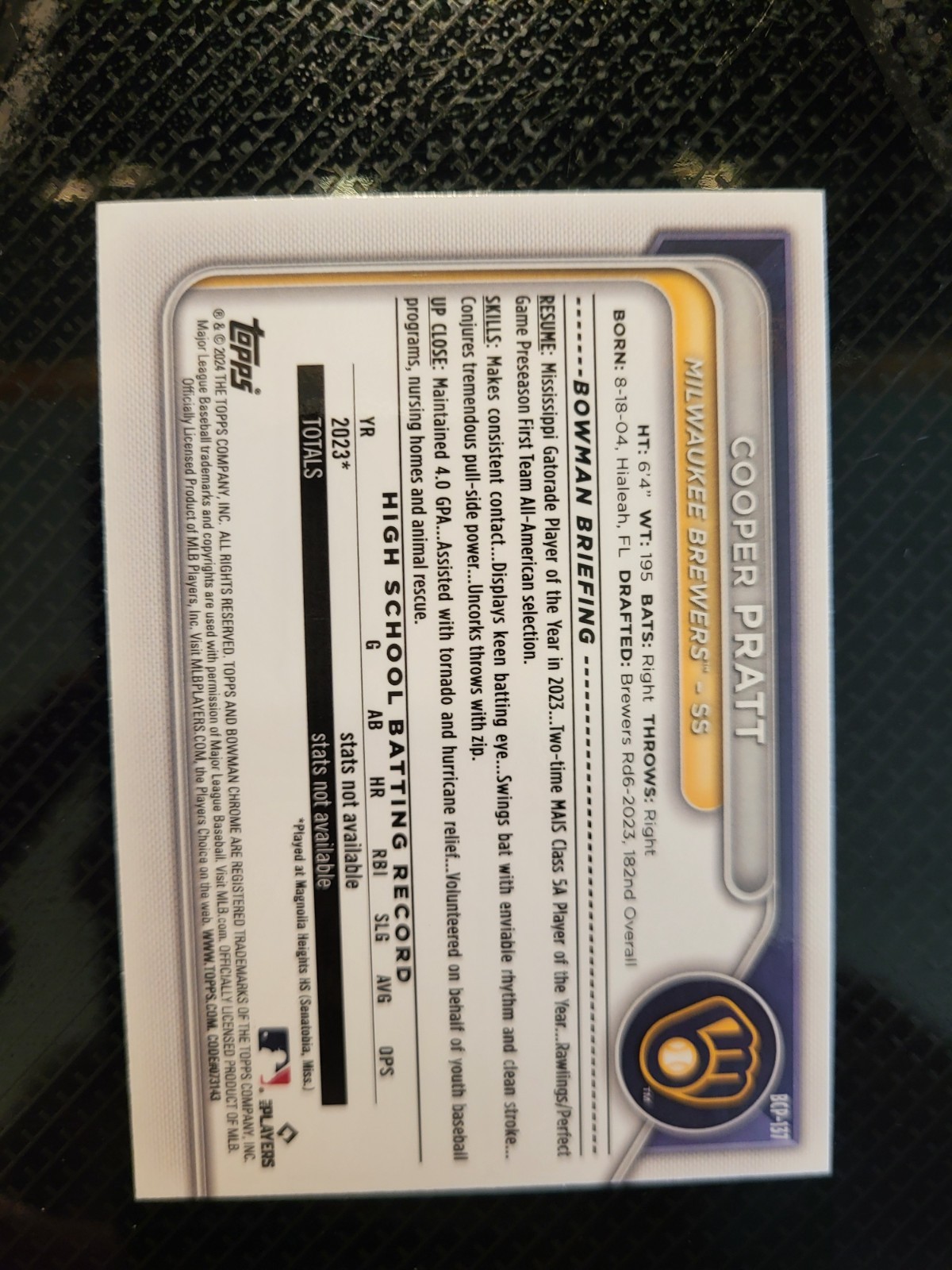Cooper Pratt 2024 Bowman Chrome 1st Aqua Shimmer Refractor /125 #BCP-137