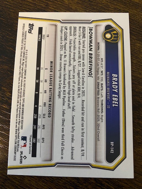 Brady Ebel – 2026 Bowman Prospects – Rookie – BP-142 – Brewers – TWO CARDS