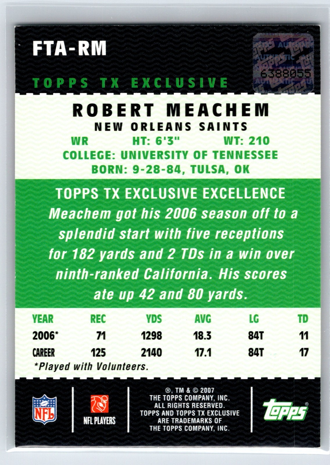 2007 Topps TX Exclusive Robert Meachem #FTA-RM Franchise Ticket RC AUTO Saints