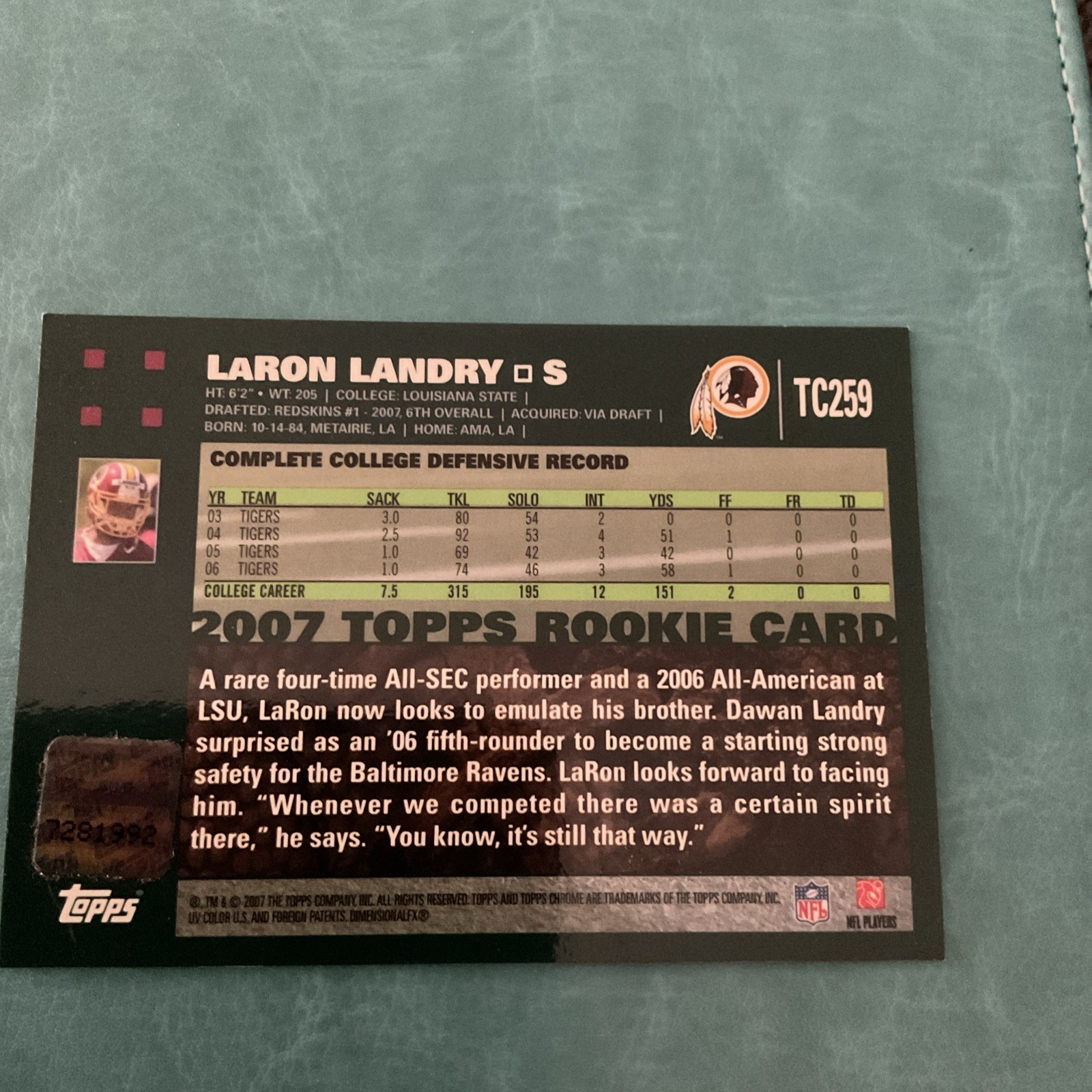 2007 Topps Chrome – LaRon Landry Superfractor 01/10 1/1 Pro Bowl Redskins Rc