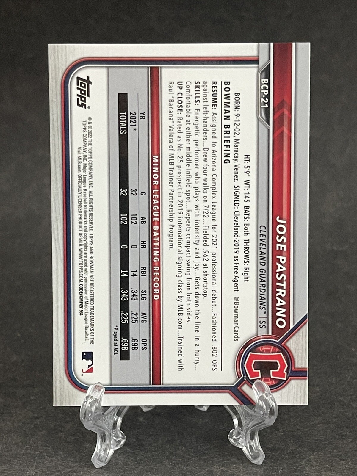 2022 Bowman Sapphire Edition #BCP-21 Jose Pastrano Cleveland Guardians 1st