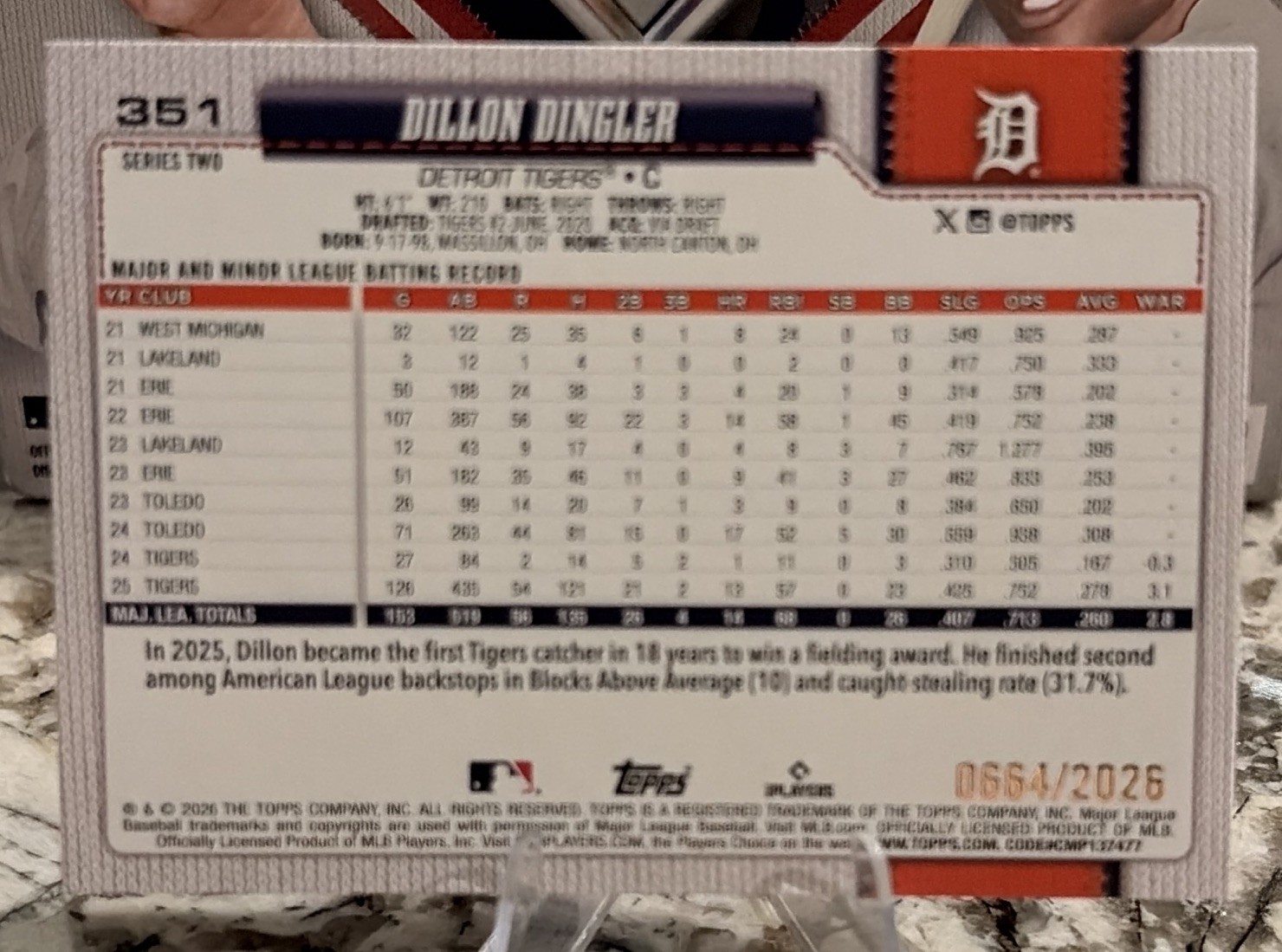 Topps 2026 Series Two Dillon Dingler Detroit Tigers #351 Serial # 664/2026
