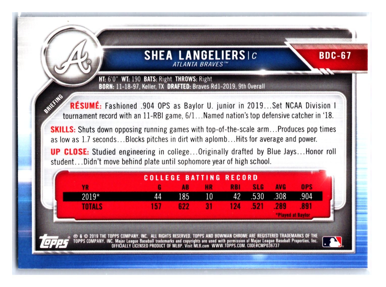 Shea Langeliers 2019 Bowman Draft Chrome 1st Rookie #BDC-67 Atlanta Braves
