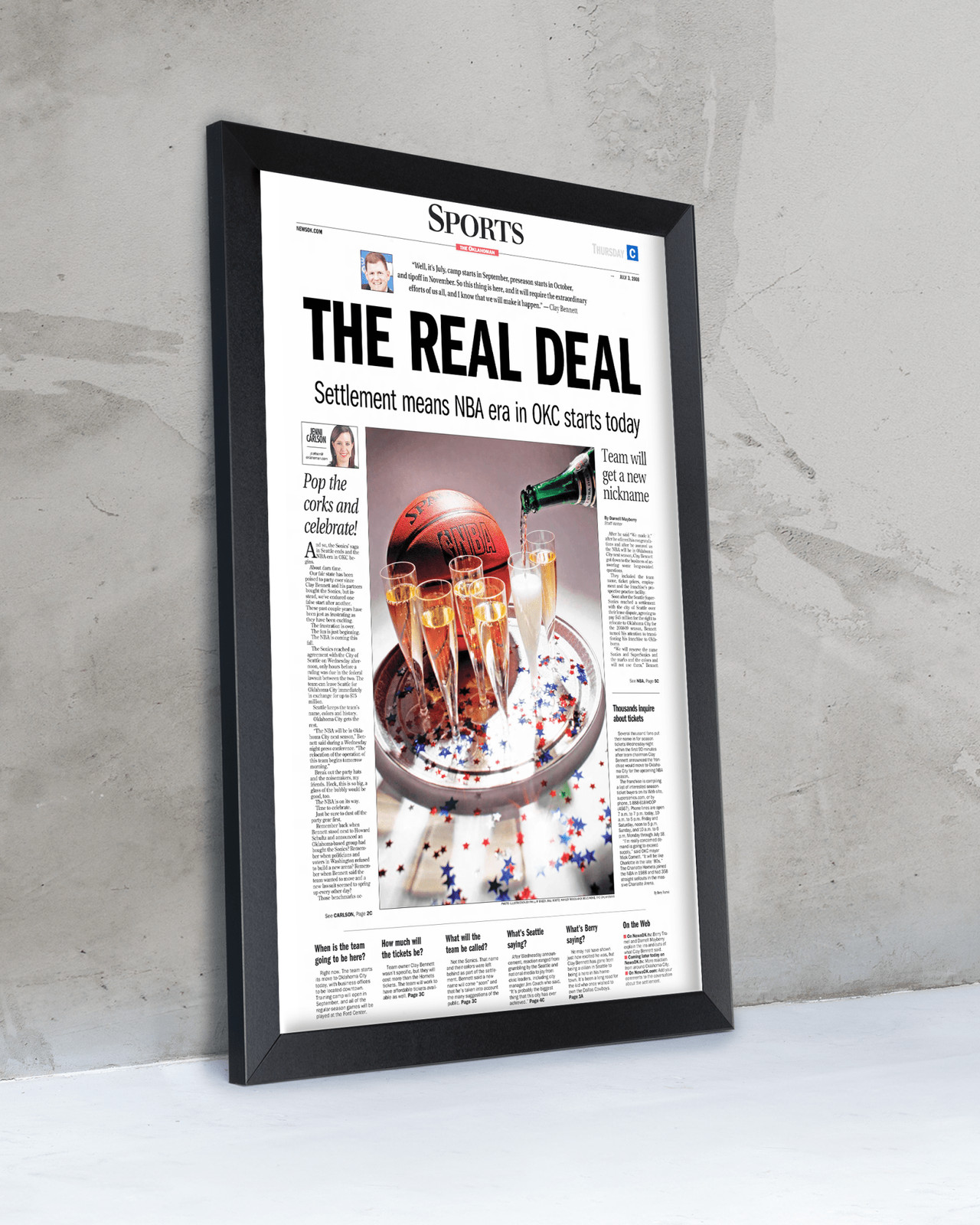 2008 Oklahoma City Thunder NBA Arrival “The Real Deal” – Framed Newspaper