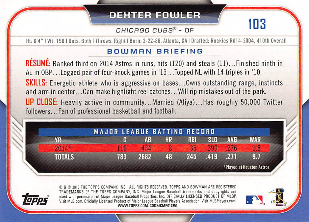 Dexter Fowler 2015 Bowman baseball base card #103 Chicago Cubs